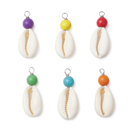 Подвески из натуральной ракушки каури и круглой окрашенной синтетической бирюзы, с обмоткой из медной проволоки, платина