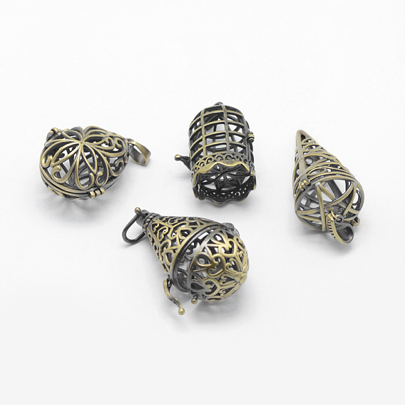 Brass Rack Plating Cage Pendants, For Chime Ball Pendant Necklaces Making, Lead Free & Cadmium Free, Mixed Shpes