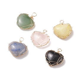 Natural Gemstone Pendants, with Real 18K Gold Plated Copper Wire Wrapped, Heart