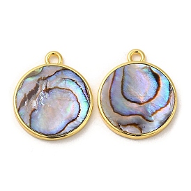 Natural Paua Shell Pendants, Flat Round Charms with Brass Findings