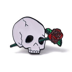 Skull with Rose Enamel Pin, Outdoor Alloy Brooch for Halloween, Electrophoresis Black