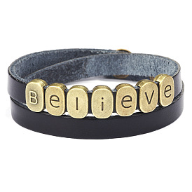 Браслеты из натуральной воловьей кожи, со сплавочной фурнитурой античного бронзового тона, слово верить