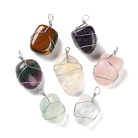 Natural Gemstone Copper Wire Wrapped Pendants, Tumbled Stone Nuggets Charms, Platinum