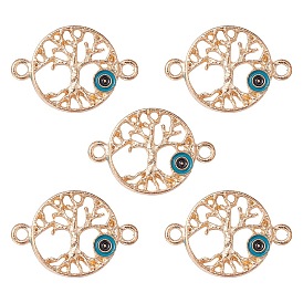 Alloy Connector Charms with Steel Blue Enamel, Flat Round Tree Links with Evil Eye, Nickel
