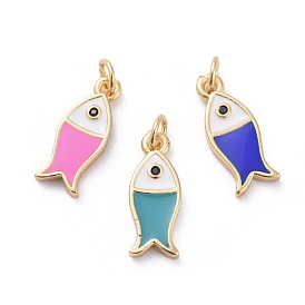 Cubic Zirconia Charms, with Brass Findings and Enamel, Fish, Golden