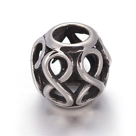 Hollow Retro 316 Surgical Stainless Steel European Style Beads, Large Hole Beads, Hollow, Round with Infinity