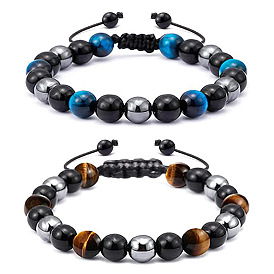 Natural Tiger Eye and Hematite Beaded Bracelet with Black Obsidian and Magnetic Clasp