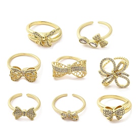 Rack Plating Brass Micro Pave Cubic Zirconia Finger Ring, Cuff Ring, Long-Lasting Plated, Cadmium Free & Lead Free, Bowknot