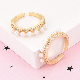 Латунные кольца-манжеты с микропаве и прозрачным цирконием для женщин, без кадмия и без свинца, с круглыми бусинами из искусственного жемчуга ABS