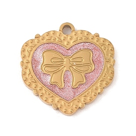 Ion Plating(IP) 304 Stainless Steel Pendants, with Glitter Enamel, Heart with Bowknot Charm