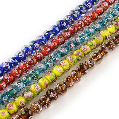 Ручная работа Rondelle золотой песок внутренний цветок Lampwork бисер, 10~11x8 мм, отверстие : 1.5~2 мм