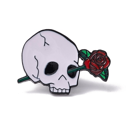 Skull with Rose Enamel Pin, Outdoor Alloy Brooch for Halloween, Electrophoresis Black