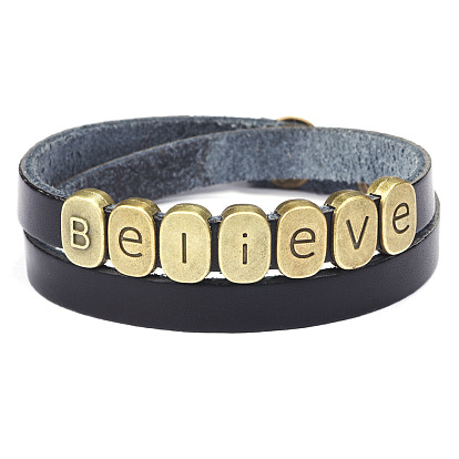 Браслеты из натуральной воловьей кожи, со сплавочной фурнитурой античного бронзового тона, слово верить