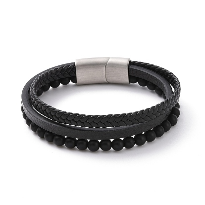 Bracelets multi-rangs en microfibre, cordon tressé et bracelets en perles de verre dépoli pour hommes femmes, avec 304 fermoirs magnétiques en acier inoxydable