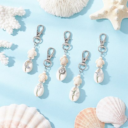 5шт 5 стили натуральные подвески из ракушек каури украшения, с синтетическими бусинами в виде черепахи цвета бирюзы, подвески из сплава и поворотные застежки-карабины, формы раковины