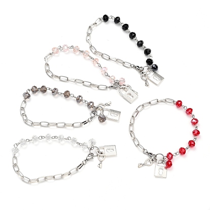 Pulseras con dijes de aleación con llave y cerradura, con perlas de vidrio, cadenas de clip de hierro y 304 cierres de garra de langosta de acero inoxidable