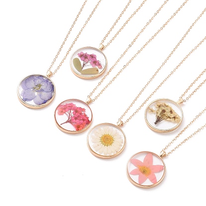 Dry Pressed Real Flower Resin Pendant Necklace, Light Gold Alloy Choker Necklace for Women