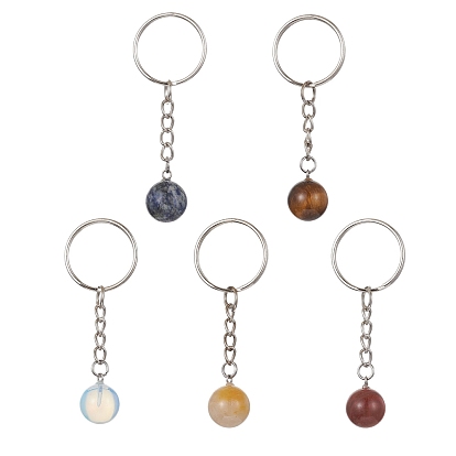 Natural & Synthetic Gemstone Round Keychain, with Iron Keychain Ring
