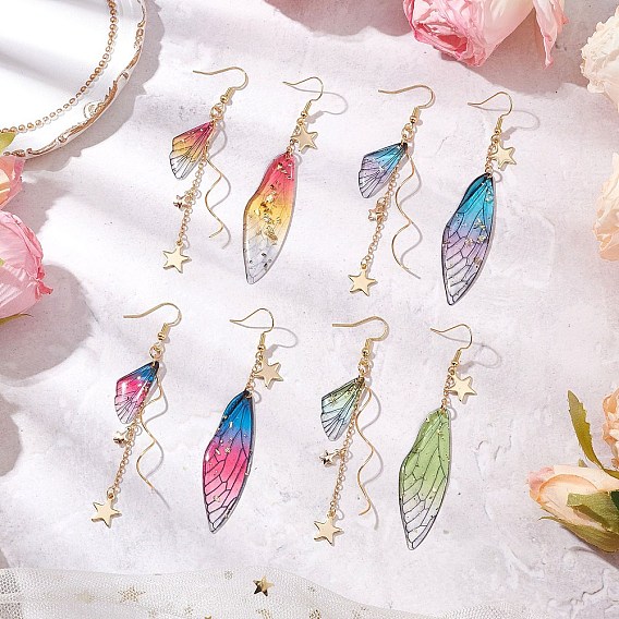 4 пары 4 цвета прозрачные серьги-подвески из смолы, с латунной подвеской, цепочкой и крючками для сережек, крыло бабочки, слева и справа