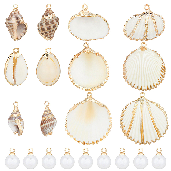 12шт. 6 стили подвесок в виде морских ракушек с гальваническим покрытием и 30шт. наборы фурнитуры для подвесок из АБС-пластика с имитацией жемчуга