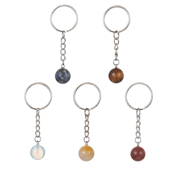 Natural & Synthetic Gemstone Round Keychain, with Iron Keychain Ring