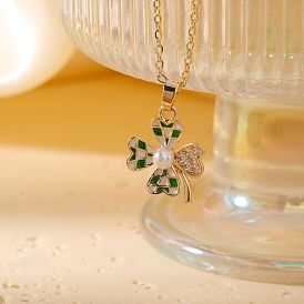 Brass Pave Clear Cubic Zirconia Pendant Necklaces, with Enamel and Imitation Pearl, Four Leaf Clover