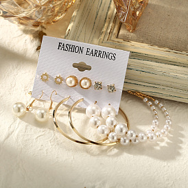 Vintage Pearl Earrings Set of 9 for Women, Gold Geometric Butterfly Ear Cuffs