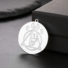 Stainless Steel Pendant, Flat Round with Wolf