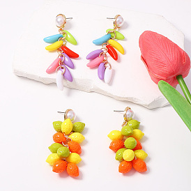 Colorful Plastic Bead Tassel Dangle Earrings, Imitation Pearl Top Alloy Stud Earrings, Golden