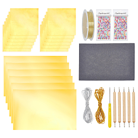 Scrapbooking Tool Kit, 18Pcs 2 Styles Aluminum Foil Paper Sheets, 1Pc Iron Bead Awls, 5Pcs Wood Paper Quilling Tool, 2 Bundle 2 Colors Round Elastic Nylon Cord and 2 Sheets Rectangle Felt Fabric