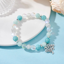 304 из нержавеющей стали шарм браслеты, Браслеты из натуральных и синтетических смешанных драгоценных камней и стеклянных круглых бусин для женщин, древо жизни