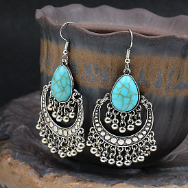 Boho Style Ethnic Earrings with Handmade Turquoise Tassels and Geometric Beads