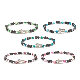 Natural & Synthetic Mixed Gemstone Beaded Stretch Bracelet with Clear Cubic Zirconia Cross for Women