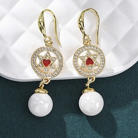 Серьги-подвески из латуни с прозрачным кубическим цирконием и прозрачным паве, с эмалью и имитация жемчуга абс, стойки покрытие, долговечный, без свинца и без кадмия, плоские круглые и звезды