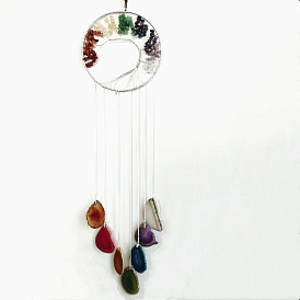 Metal Big Pendant Decorations, with Agate Slices & Chakra Theme Gemstone Chip Beads, Flat Round with Tree of Life