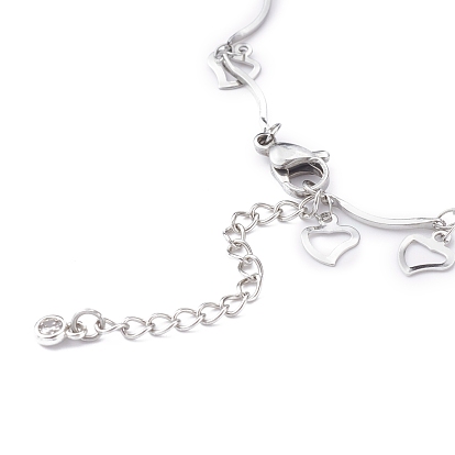 304 Stainless Steel Heart Charm Anklets, with Bar Link Chains