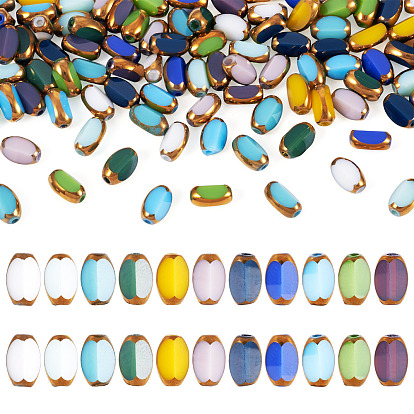 110 шт 11 цвета гальванические стеклянные бусины, непрозрачный сплошной цвет, половина золотым покрытием, граненые, овальные