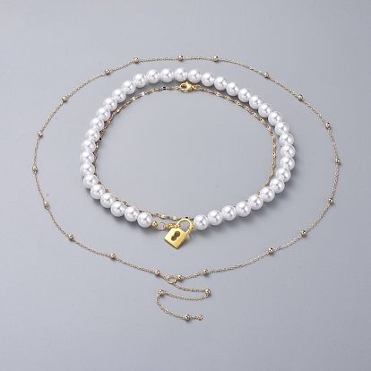 Pendant & Chain Necklace Sets, with Brass Cable Chains, with Round Beads, Plastic Imitation Pearl Beads, Alloy Lock Pendants and 304 Stainless Steel Lobster Claw Clasps