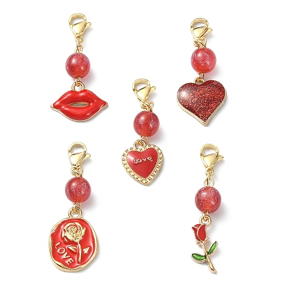 5Pcs Valentine's Day Alloy Enamel Pendant Decoratios, with Round Resin Beads and Stainless Steel Lobster Claw Clasps, Mixed Shapes