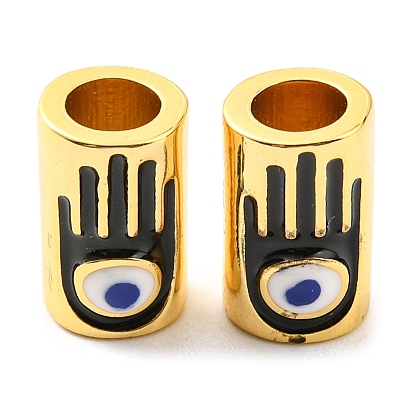 Brass Enamel Beads, Lead Free & Cadmium Free, Real 18K Gold Plated, Column with Hamsa Hand