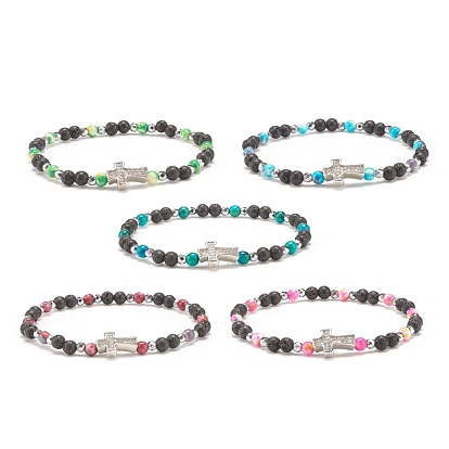 Natural & Synthetic Mixed Gemstone Beaded Stretch Bracelet with Clear Cubic Zirconia Cross for Women