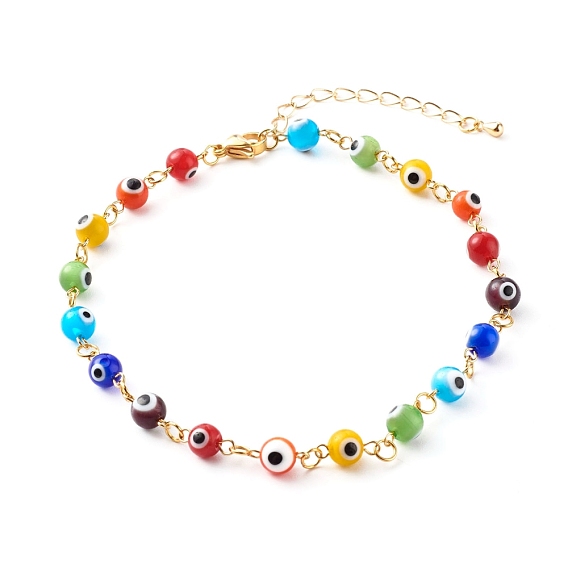 Brass Curb Chains Anklets, with Handmade Evil Eye Lampwork Beads and Brass Charms