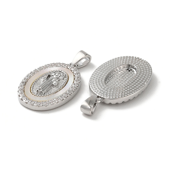 Religion Natural White Shell Virgin Mary Pendants, Brass Micro Pave Clear Cubic Zirconia Oval Charms