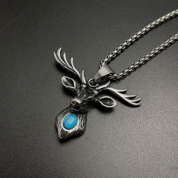 Ожерелья с подвеской в виде головы оленя из нержавеющей стали с паве из синтетической бирюзы для уличной моды