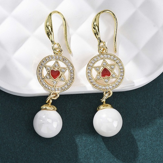 Серьги-подвески из латуни с прозрачным кубическим цирконием и прозрачным паве, с эмалью и имитация жемчуга абс, стойки покрытие, долговечный, без свинца и без кадмия, плоские круглые и звезды