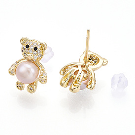 Clear Cubic Zirconia Bear Stud Earrings with Natural Pearl, Brass Earring with 925 Sterling Silver Pins