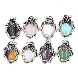 Retro Gemstone Pendants, with Antique Silver Plated Brass Findings, Oval with Flower