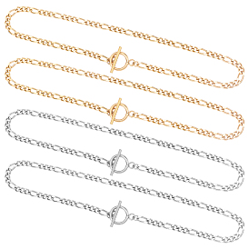 4Pcs 2 Colors 304 Stainless Steel Figaro Chains Necklace, with Toggle Clasp for Men Women