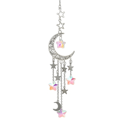 Alloy Hollow Moon Pendant Decoration, with Star Glass and 304 Stainless Steel Pendant Charm, for Home Hanging Decoration