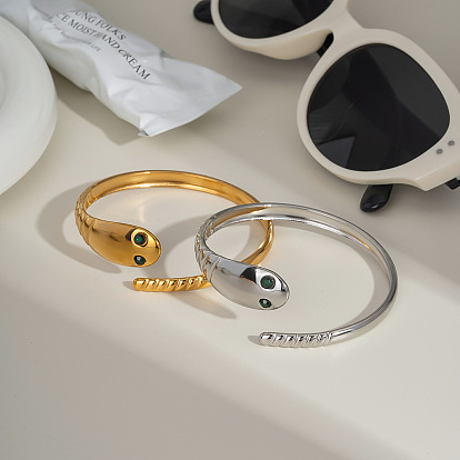 Европейские браслеты-манжеты из нержавеющей стали в форме змеи для женщин, с кошачий глаз